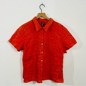 Eileen Fisher Orange Textured Short Sleeve Button Down Shirt 100% Cotton Sz 1X